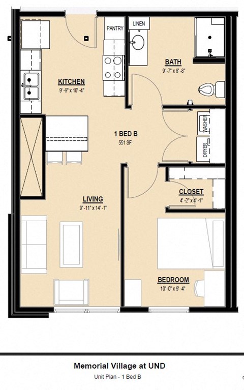 Floor plan for 1 bed, 1 bath, 551 sqft